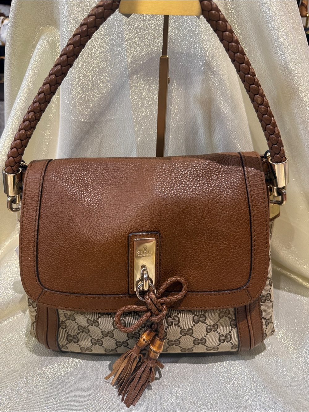 Gucci Brown Leather and GG Canvas Shoulder Bag with Tassel
